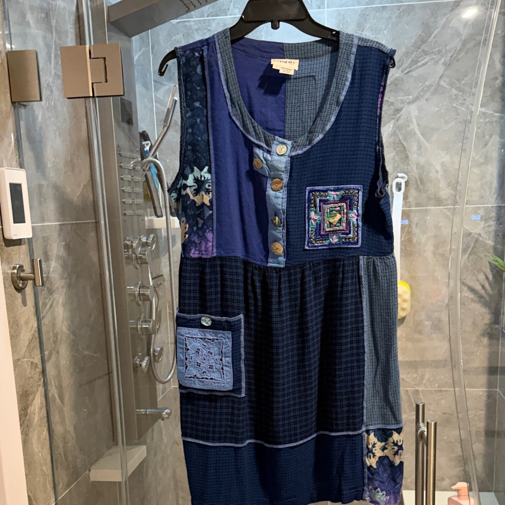 Vintage Charity Lagenlook Blue Patchwork Sleeveless Dress Size L